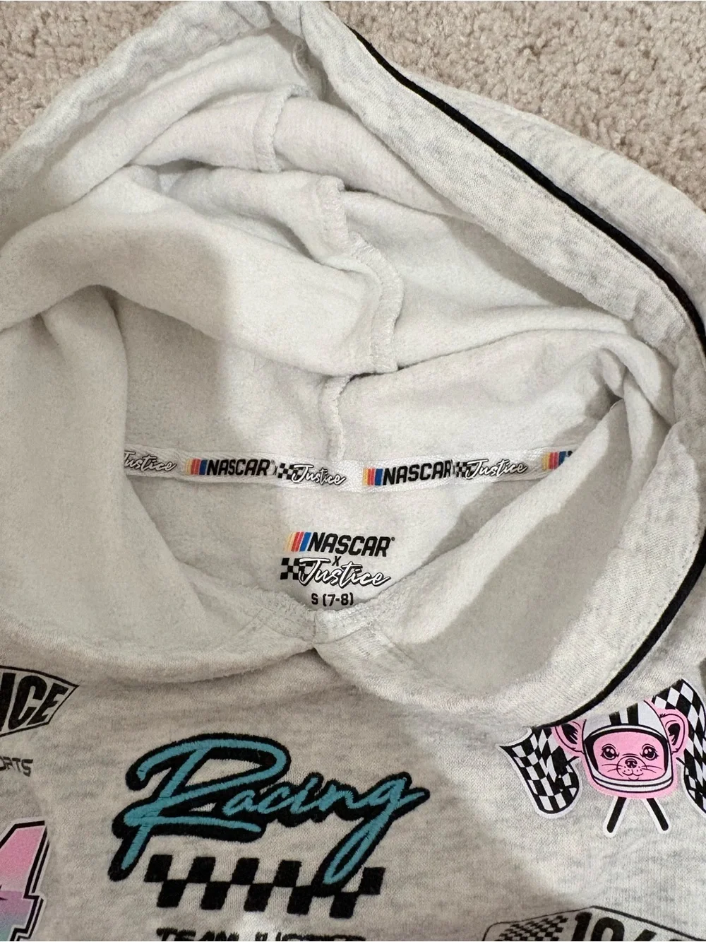 Justice NASCAR Racing Hoodie - Light Gray with Black Trim and Teal Graphic